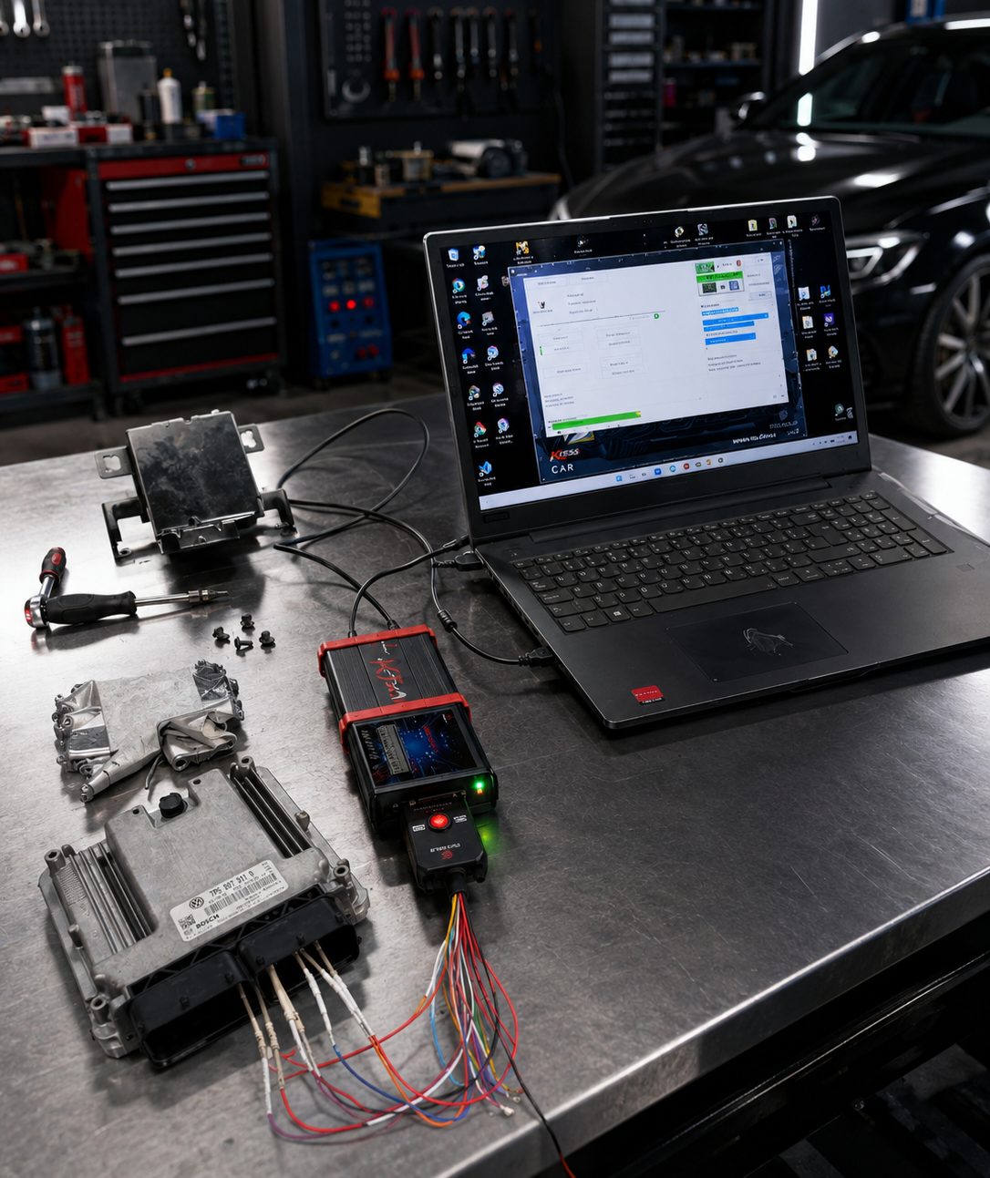 Calculator de motor pe banc, legat la laptop și programator